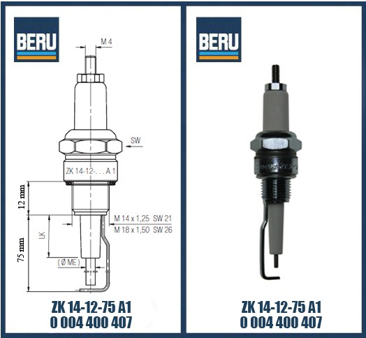 Электрод свеча зажигания 87 мм Ignitors Beru ZK 14-12-75 A1 0004400407_3